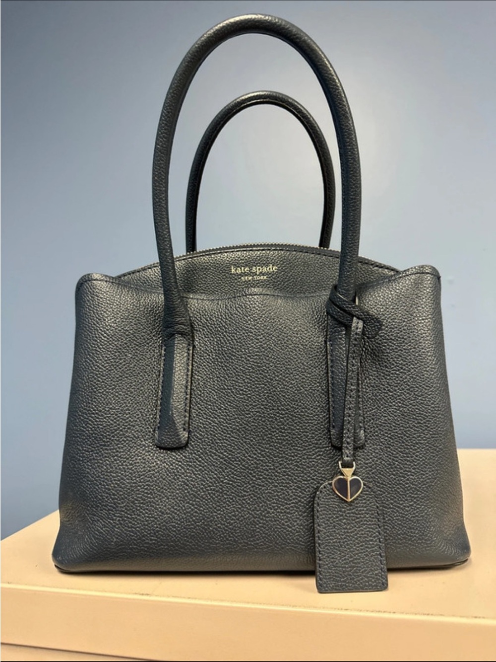 kate spade Dark Blue Pebbled Leather Satchel with Heart Charm
